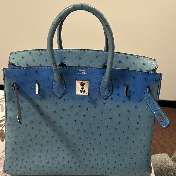 Hermes Blue Ostrich Leather Birkin 35 Bag (Sun Bleaching) - Picture 13 of 16